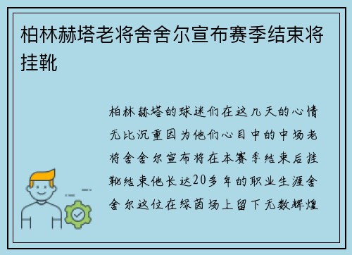 柏林赫塔老将舍舍尔宣布赛季结束将挂靴